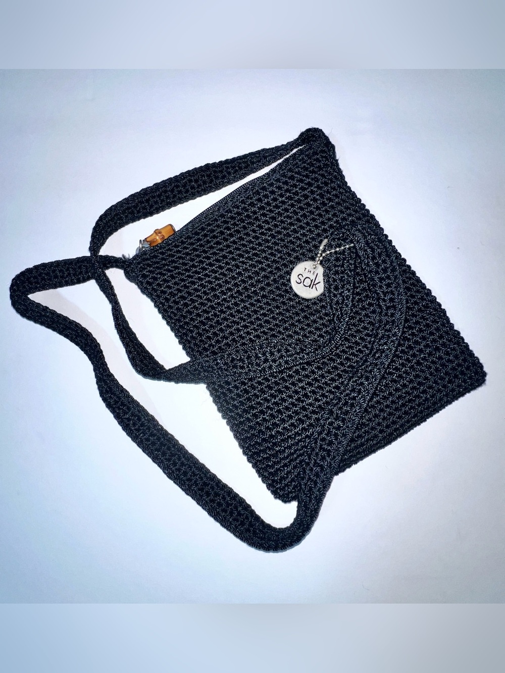 The Sak Vintage Black Hand-Crochet Crossbody Purse Bag Bamboo Zipper Pull Y2K - Picture 14 of 14
